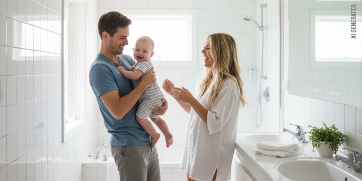 Famili in gefliestem im Badezimmer